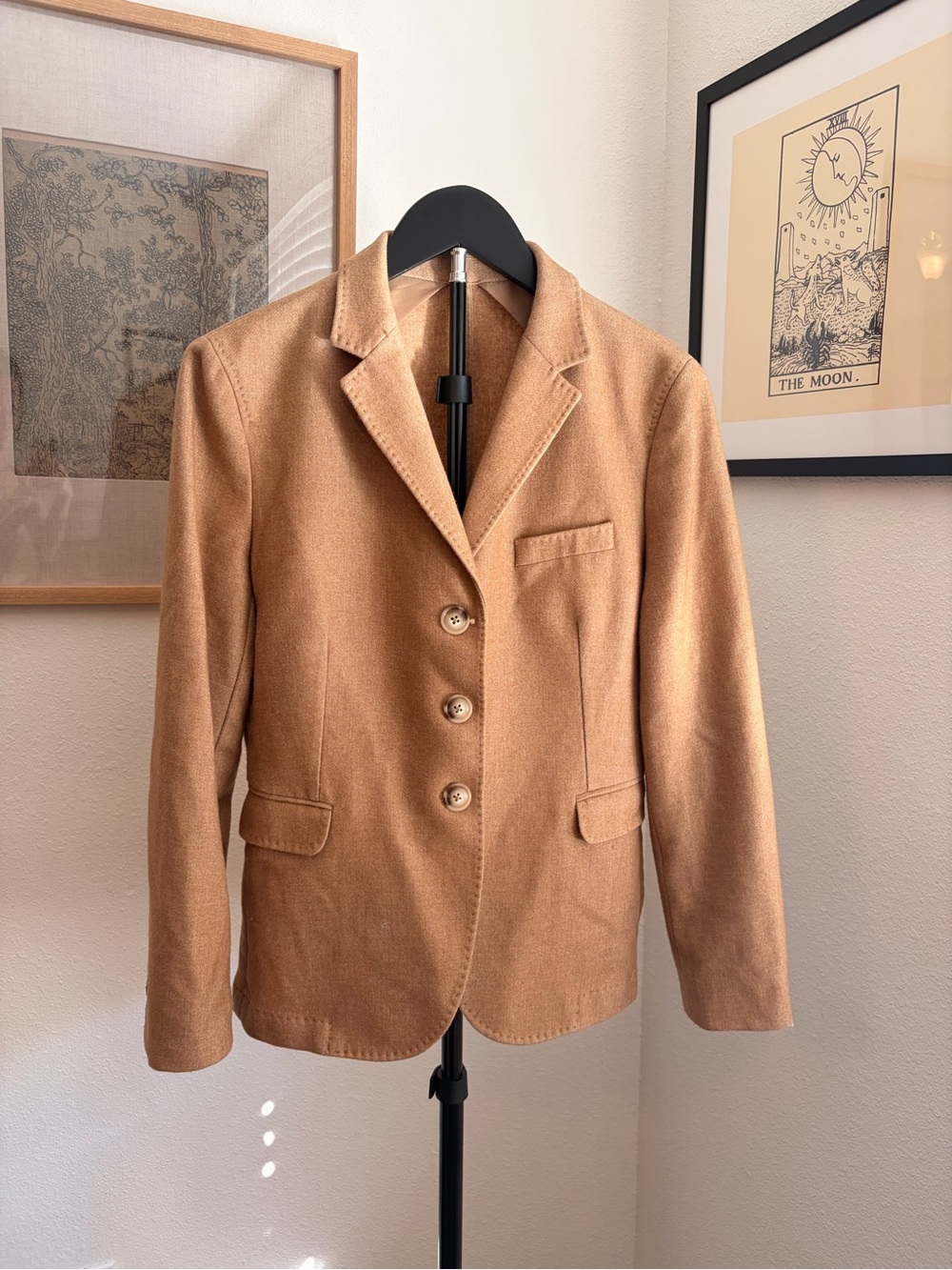 Womens Camel Tailored Wool-Blend Blazer Jacket